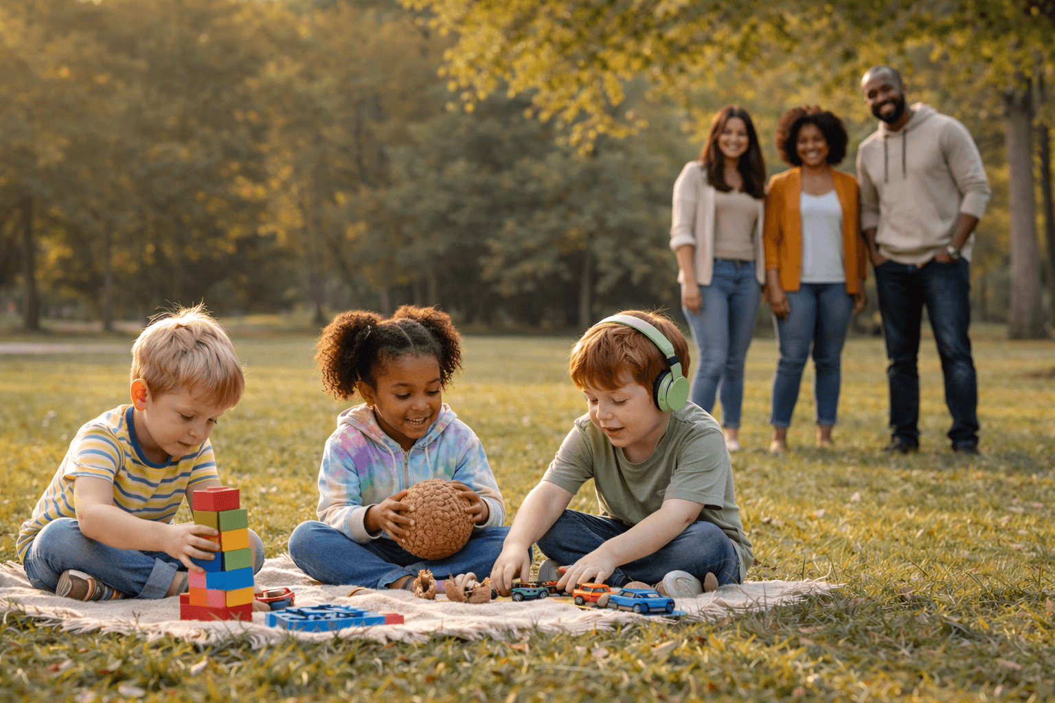 Families connecting — children playing together while parents share a moment of friendship