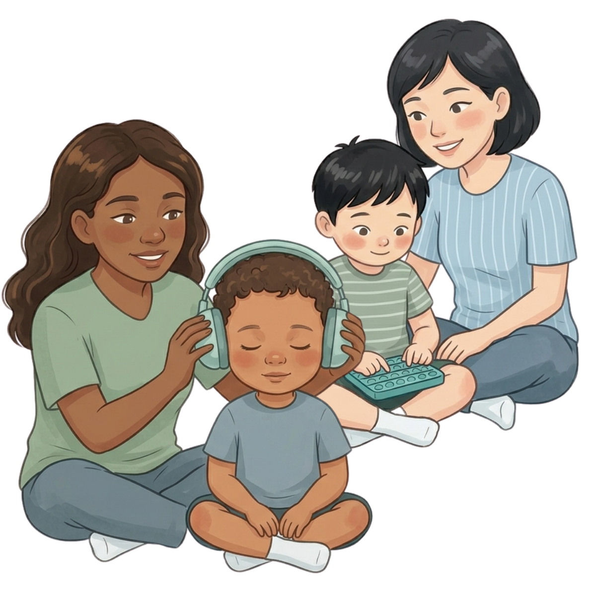 A mother sitting with her three children, one wearing noise-cancelling headphones and playing with a sensory toy