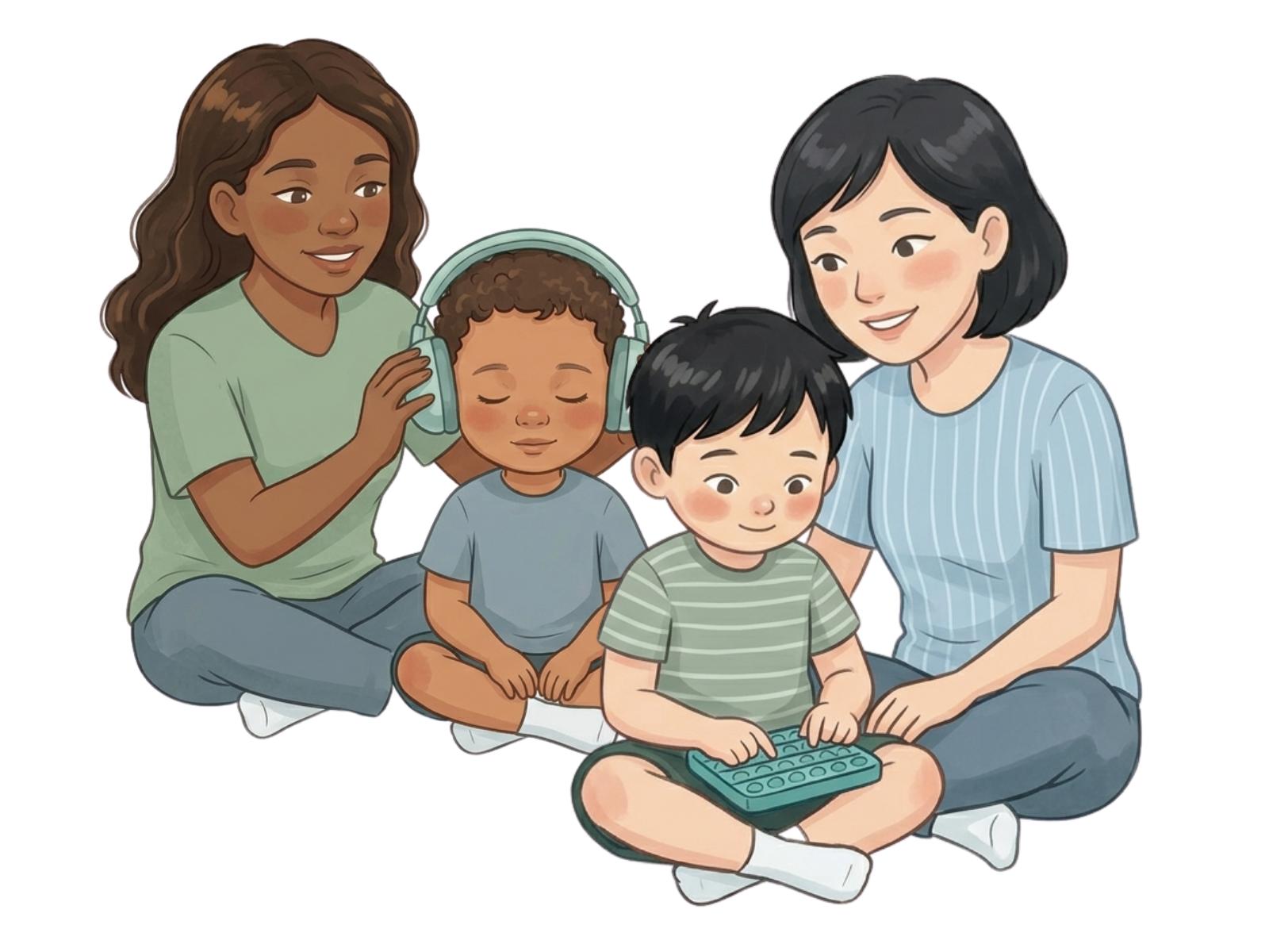 A mother and her young son playing with sensory toys together on the floor